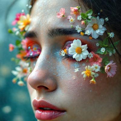The primary subject of the image is a woman with a flower crown on her head. She has a pink flower in her eye, adding a unique and artistic touch to her appearance. The setting is a garden, with a variety of flowers surrounding her. The visual style is a combination of a photo and digital art, creating a vibrant and eye-catching scene. The colors and mood of the image are predominantly pink and whimsical, reflecting the playful and creative nature of the woman's